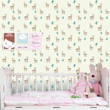 Imagem de Papel De Parede Adesivo Vinil Animal Lhamas Bege Sela Colorida Cactos 