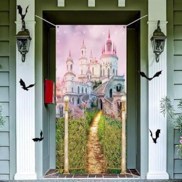 Imagem de DORCEV Capa para porta de castelo de desenho animado de fantasia de 9 x 1,8 m, faixa para meninas, crianças, festa de aniversário, pintura a óleo, princesa real, conto de fadas, pano de fundo, porta