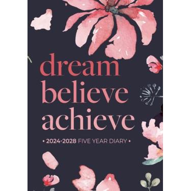 Imagem de 5 Year Diary 2024-2028 | A4 Dream Believe Achieve Deep Watercolour Flower: Month to View Planner with UK Holidays, Moon Phases, Birthdays & Celebrations, Contacts, Passwords (Five Years)