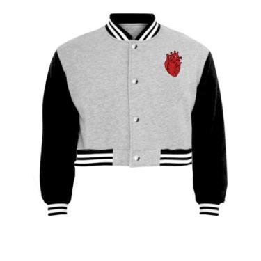 Imagem de Jaqueta Cropped Moletom Coração Feminina Colegial - Calttony, M, Cinza