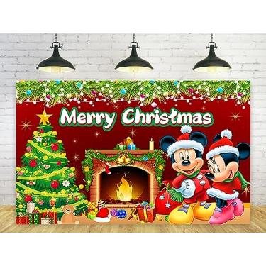 Imagem de Pano de fundo vermelho de Natal para decorações de festa de Natal Mickey Mouse fundo de lareira de Natal para decorações de mesa de bolo de festa faixa tema de Natal 1,5 x 0,9 m