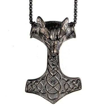 Imagem de Presente de Dia dos Namorados para ele, motociclista, masculino, aço inoxidável, preto, lobo viking Thors, colar com pingente de martelo Mjolnir, corrente de 61 cm, Sem Pedra Preciosa