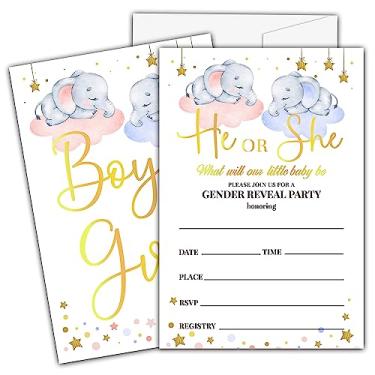 Imagem de Ycyfckdr Convites de revelação de gênero de elefante para meninas, meninos, cartões de convite para festa de chá de bebê, suprimentos de decoração de festa de revelação de gênero - 25 convites de