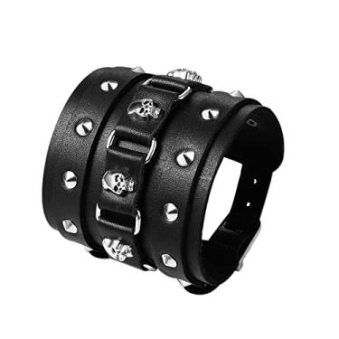 Imagem de Aroncent Pulseira de couro de caveira: pulseira larga com rebite de metal, estilo punk rock, ajustável, estilo bicicleta - pulseira gótica de motociclista para homens, Black, Couro, Sem Pedra Preciosa