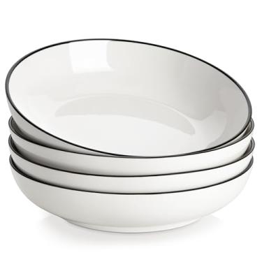 Imagem de MALACASA Tigelas grandes de macarrão de 22,5 cm, tigelas de salada brancas de 1,190 g, tigelas de sopa, tigelas de servir de porcelana, conjunto de 4, borda branca e preta, segura para micro-ondas e