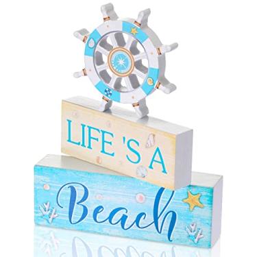 Imagem de 3 Pcs Nautical Beach Decorations Wooden Sign Ship Wheel Tiered Tray Decor Boat Steering Sign Farmhouse Wooden Ocean Bathroom Decor Rustic Beach Theme Decor for Home Desk Shelf Gallery Table Decor