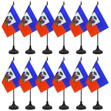 Imagem de Conjunto de 12 bandeiras de mesa do Haiti, bandeira de escritório de mesa haitiana, pequena bandeira de mesa em miniatura com mastro preto e base preta, sala de aula, decoração de mesa de reunião de