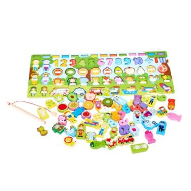 Imagem de Brinquedo Educativo Infantil de Pescar, Tabuleiro 5 em 1 com Números e Figuras, Jogo de Madeira com Vara Magnética