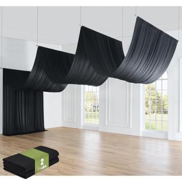 Imagem de Htper 4 painéis, cortinas de teto pretas de 1,5 x 12,2 m, para festas de casamento, poliéster grosso sem vincos, 12,2 m, cortinas de teto pretas extra longas para decoração de barraca de festa de