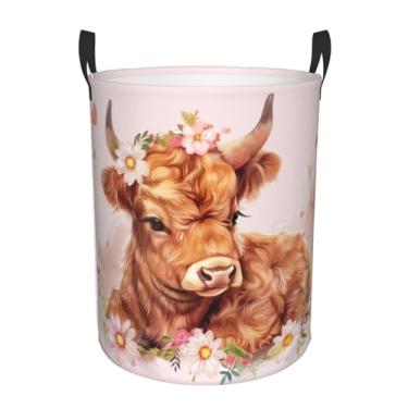 Imagem de Cestos de roupa suja Highland Cow, cesto de roupa de vaca, grande, organizador de brinquedos, cesto de bebê, dobrável, com alças, impermeável, tecido Oxford, armazenamento de 49,8 cm x 39,9 cm para