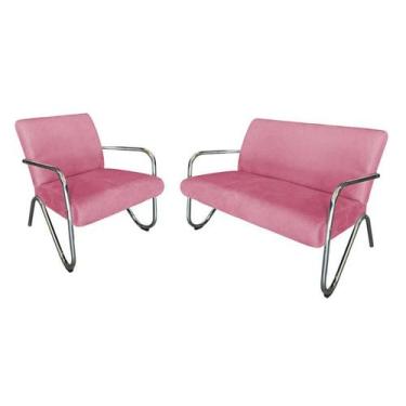 Imagem de Kit Namoradeira + Poltrona Decorativa Bela Suede Rosa Braço Cromado - 