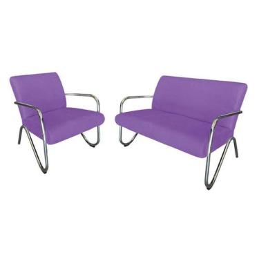 Imagem de Kit Namoradeira + Poltrona Decorativa Bela Suede Roxo Braço Cromado - 