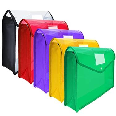 Imagem de CHEPULA A4 Pasta de arquivo de plástico envelope de poliéster expansível para documentos com fecho de pressão e bolso de etiqueta, bolsa de arquivo sanfonada colorida transparente à prova d'água para