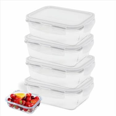 Imagem de " Kit 4 Potes Hermético De Vidro 640 ML Com Tampa Click Anti Vazamento Retangular Fitess Conservar Alimento Marmita Pote de vidro hermético para alimentos com anel de vedação BPA Free "