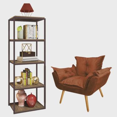Imagem de Kit Poltrona Fatte com Estante Livreiro Ferro Marrom mdf Castanho Suede Terracota - Ahazzo Móveis