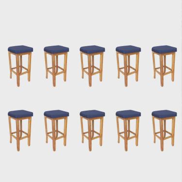 Imagem de Kit 10 Banqueta Alta Ben Gourmet Balcão Bistrô Cozinha Base Madeira Maciça Sintético Azul Marinho - Ahz Móveis