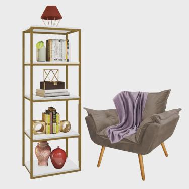 Imagem de Kit Poltrona Fatte com Manta Soft Lilás e Estante Livreiro Ferro Dourado mdf Branco Suede Bege - Ahazzo Móveis