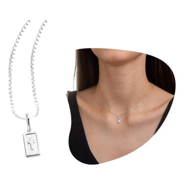 Imagem de Colar 45Cm E Pingente Crucifixo Plaquinha Cruz Prata 925