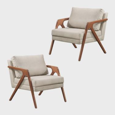 Imagem de Kit 02 Poltronas Decorativas Madeira Maciça Luxo Mona Linho Bege