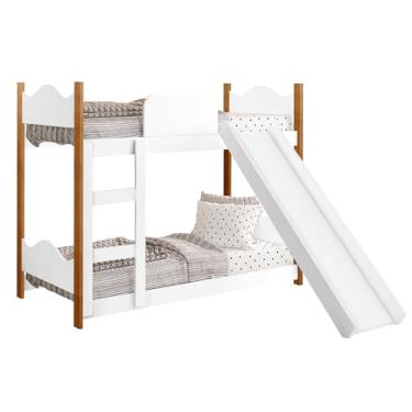 Imagem de Beliche Infantil Para Quarto Da Criança Mini Cama Berço Montessoriana Com Escorregador Resistente Encanto Premium Com Grade Proteção Lateral Cor Branco
