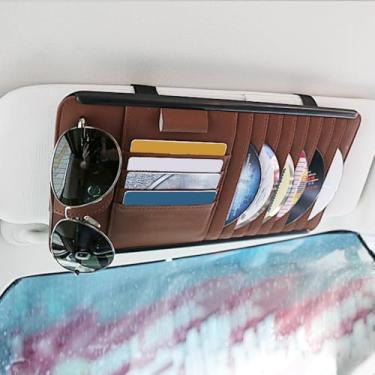 Imagem de OtpOutopa Organizador de bolso para viseira de sol para carro, estojo de armazenamento de CD/DVD para carro, bolsa organizadora de vários bolsos, bolsa de armazenamento com clipe de óculos