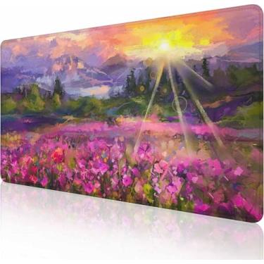 Imagem de Mouse pad grande estendido para jogos com bordas costuradas, base de borracha antiderrapante para escritório, computador, teclado, laptop e mesa de casa, 90 x 40 cm, flor cosmos roxa