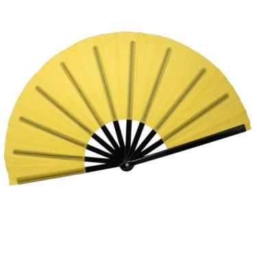 Imagem de QIRMIZI Grande leque dobrável de mão - Fãs de tecido de nylon - Fãs retrô vintage para kung fu chinês japonês, tai chi, dança, festivais de música, festas e decorações, amarelo