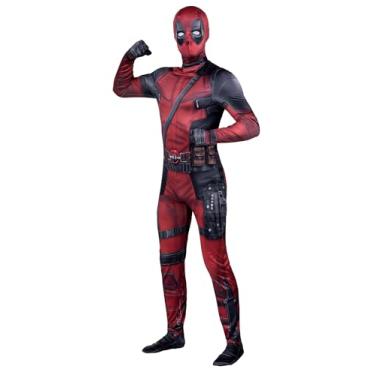 Imagem de Jazwares Deadpool Fantasia de Halloween Zentai para adultos, traje oficial de herói de elastano estampado de corpo inteiro com máscara com capuz, Vermelho, G