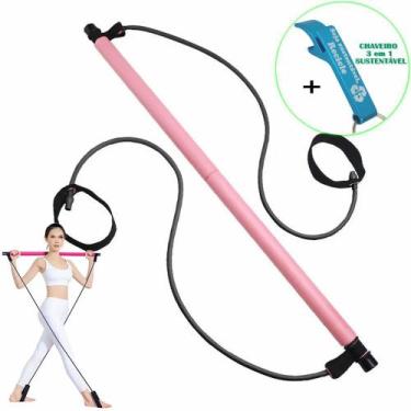 Imagem de Extensor Elástico com Barra Para Exercício Pilates Yoga Rosa + Chaveir