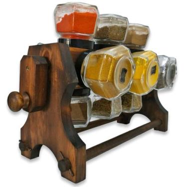 Imagem de Kit Porta Temperos de Madeira Manivela Gira 12 Potes - Artesanatos FD2