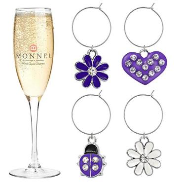 Imagem de P407 Purple Heart Ladybugs Flower Wine Charms Glass Marker for Party with Velvet Bag- Set of 4