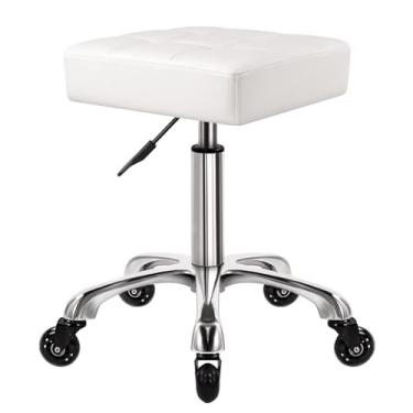 Imagem de WKWKER Banqueta quadrada resistente com rodas hidráulica giratória ajustável banqueta ergonômica de couro grosso para cozinha, desenho, laboratório, escritório, salão, mensagem, banco, branco