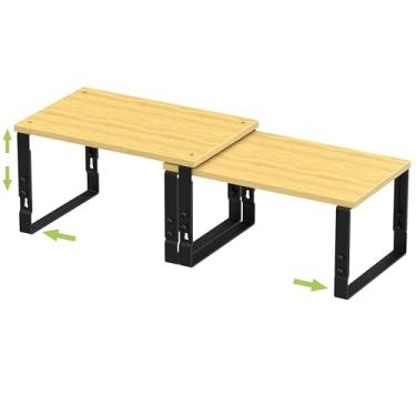 Imagem de Prateleiras de armazenamento ajustáveis para organização de armários de cozinha – Conjunto de 2 prateleiras empilháveis de metal e madeira projetada, design que economiza espaço para bancada/despensa
