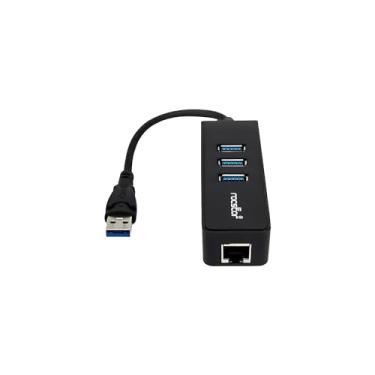 Imagem de Rocstor Y10A179-B1 Premium 3 Portas USB 3.0 Hub portátil com Gigabit Ethernet 10/100/1000 – Hub USB externo portátil de 3 portas com adaptador GbE – Cabo integrado – USB, preto
