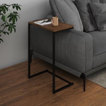 Imagem de Mesa Lateral de Apoio Industrial Sofá Charmme Ferro Preto e Tampo Amêndoa