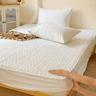 Imagem de Protetor de colchão acolchoado respirável com bolso profundo, capa de cama antiderrapante, capa de colchão impermeável espessa, lavável, acessório de cama à prova de poeira - branco|Queen: 150 x 200