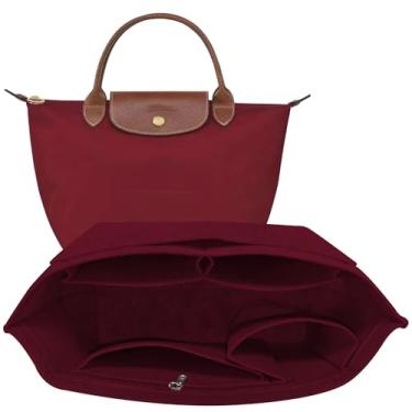 Imagem de TUKYWAN Organizador de bolsa, organizador de bolsa para bolsa Longchamp, inserção organizadora de bolsa com bolso divisor e forro interno com zíper para bolsa de mão (vinho, pequeno)