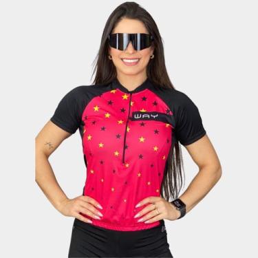 Imagem de Camisa de Ciclismo Feminina Rosa Estrelado Manga Curta Proteção Uv Bol