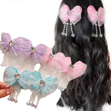 Imagem de iRIIRIO 6 presilhas de cabelo para meninas, acessórios de cabelo com flores, contas de cristal, borla, jacaré, acessórios de cabelo para crianças e adolescentes (3 pares, rosa/azul/roxo)