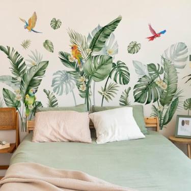 Imagem de Decalques de parede com folhas de palmeira tropical: murais de arte de parede com plantas verdes, pássaro, descasque e cole para quarto, sala de estar, sofá, fundo de TV