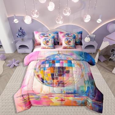 Imagem de Erosebridal Jogo de cama completo com bola de discoteca, 7 peças, rosa, feminino, moderno, arte em aquarela para crianças, meninos e meninas, 80 anos 90, decoração de festa, conjunto de lençol com