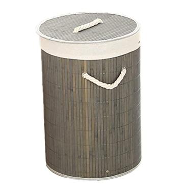 Imagem de KIMISS Cesta de Armazenamento Dobrável de Bambu Com Tampa - Cesto de Lavanderia e Organizador de Brinquedos - 2 Cores Lixeira de Roupas Sujas Dobráveis ​​para Casa e Berçário (1,0 redondo cinza)