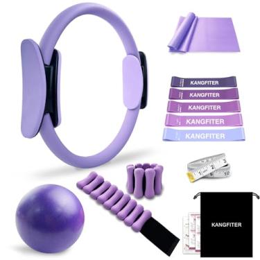 Imagem de KANGFITER Conjunto de anéis de Pilates com 11 peças, anel de ioga com círculo mágico, bola de pilates, pesos ajustáveis no tornozelo no pulso, faixas de resistência, fita métrica, kit de pilates