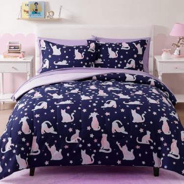 Imagem de Wink Deer Conjunto de edredom casal para meninas, 7 peças, gato fofo que brilha no escuro, cama ultramacia, em uma bolsa com lençóis