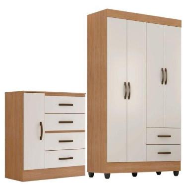 Imagem de Kit Guarda-roupa Solteiro 4 Portas Com Cômoda Sapateira Lisa Nature/of