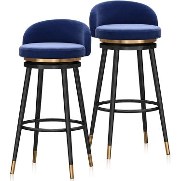 Imagem de Conjunto De 2 Banquetas Giratórias Modernas Estofadas Em Veludo Com Encosto, Apoio Para Os Pés Bancos Redondos Para Casa De Pub, Blue, Black