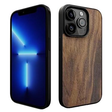 Imagem de iATO Capa de madeira para iPhone 13 Pro. Exclusiva e clássica madeira de nogueira natural {Totalmente protetora à prova de choque TPU preto e bisel de borda elevada para proteção de tela} capa de madeira para iPhone 13 Pro 6,1 polegadas