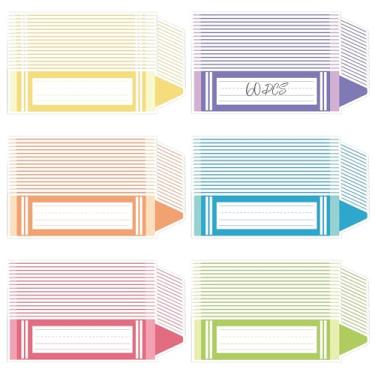 Imagem de 60 etiquetas de nome para mesas de sala de aula, lapiseiras de papel colorido, recortes, quadro de avisos, etiquetas de nome para decoração de festa escolar em sala de aula (brilhante)