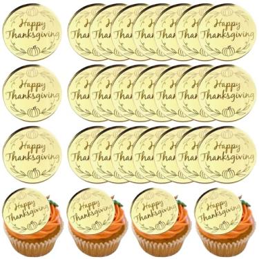 Imagem de 20 peças de enfeite de cupcake de feliz ação de graças, dourado, outono, abóbora, acrílico, espelhado, disco, enfeite de bolo gravado, decorações de ação de graças para outono, casamento, aniversário