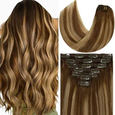 Imagem de Loxxy Extensões de cabelo humano ombré chocolate marrom a caramelo loiro grosso sedoso liso clipe em trama dupla extensões de cabelo humano brasileiro cor de cabeça inteira R#4-4/27 16 polegadas 120 g